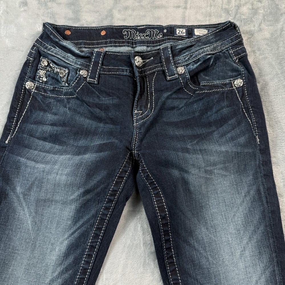 Miss Me Signature Bootcut Jeans Dark Wash Distressed Womens 27x33 Tag 26 x 33